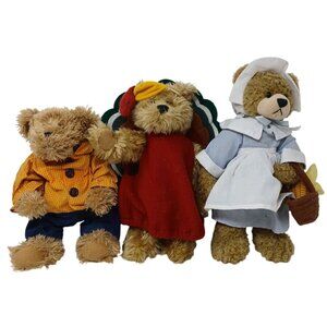 3 VTG Plush Bears Fall Decor Pilgrim Turkey & Plaid Shirt Terrys Village #S1-A